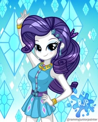 Size: 1080x1335 | Tagged: safe, alternate version, artist:rjp.rammy, derpibooru import, rarity, human, better together, equestria girls, armpits, bare shoulders, bracelet, breasts, clothes, cutie mark on clothes, female, hairpin, hand on hip, jewelry, looking at you, ponytail, raritits, rarity peplum dress, reasonably sized breasts, signature, sleeveless, smiling, smiling at you, solo