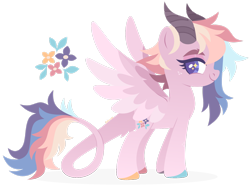 Size: 1920x1482 | Tagged: safe, artist:kabuvee, derpibooru import, oc, oc:rainbow bloom, pegasus, female, horns, mare, quadrupedal, simple background, solo, tail wings, transparent background