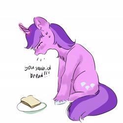 Size: 2048x2048 | Tagged: safe, artist:sleepybooo, derpibooru import, amethyst star, sparkler, pony, unicorn, bread, female, food, simple background, solo, white background, yelling