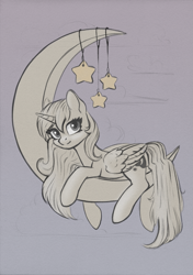 Size: 843x1200 | Tagged: safe, alternate version, artist:maytee, derpibooru import, princess luna, alicorn, pony, commission, crescent moon, limited palette, looking at you, lying down, moon, prone, solo, stars, tangible heavenly object, ych sketch, your character here