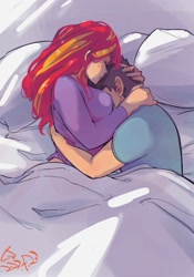 Size: 1400x2000 | Tagged: safe, artist:sozglitch, derpibooru import, sunset shimmer, oc, oc:generic messy hair anime anon, human, bed, big breasts, breasts, canon x oc, clothes, cuddling, female, huge breasts, humanized, in bed, male, overhead view, pajamas, pillow, sheet, shipping, signature, sleeping, straight, sunset jiggler