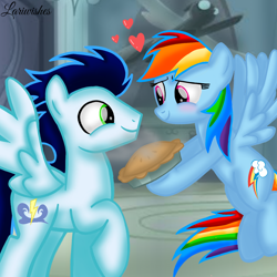 Size: 1400x1400 | Tagged: safe, artist:mlplary6, derpibooru import, rainbow dash, soarin', pegasus, pony, blushing, female, floating heart, flying, food, heart, looking at each other, looking at someone, love, male, mare, pie, shipping, smiling, smiling at each other, soarindash, stallion, straight