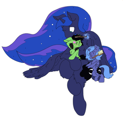 Size: 3508x3508 | Tagged: safe, artist:ponny, derpibooru import, princess luna, oc, oc:anon filly, alicorn, earth pony, pony, blushing, brush, brushie, brushing, chest fluff, female, filly, foal, hoof heart, leg fluff, looking at each other, looking at someone, magic, mare, mouth hold, nose wrinkle, raised hoof, raised leg, scrunchy face, simple background, telekinesis, trio, trio female, underhoof, white background, woona, younger