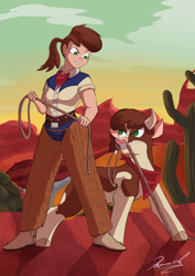 Size: 2480x3508 | Tagged: safe, artist:reminic, derpibooru import, arizona cow, cow, human, them's fightin' herds, bandana, belt, belt buckle, boots, clothes, community related, cowboy boots, cowgirl, cowprint, denim, duality, female, grin, horns, humanized, jeans, looking at each other, looking at someone, mouth hold, pants, ponytail, rope, scarf, self paradox, shoes, smiling, smirk