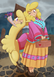 Size: 2480x3508 | Tagged: safe, artist:reminic, derpibooru import, paprika paca, alpaca, human, them's fightin' herds, blonde, blonde hair, blushing, clothes, cloven hooves, community related, duality, flower, humanized, looking at each other, looking at someone, one eye closed, self paradox, smiling, smiling at each other, wink