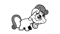 Size: 1276x718 | Tagged: safe, artist:kylesmeallie, derpibooru import, sweetie belle, pony, unicorn, black and white, blank flank, ears, female, filly, floppy ears, foal, frown, grayscale, monochrome, sad, simple background, solo, white background