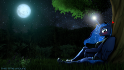 Size: 3840x2160 | Tagged: safe, artist:dawnyr, artist:dawnyrs, derpibooru import, princess luna, alicorn, anthro, 3d, :p, blushing, cute, forest, lunabetes, moon, moonlight, nexgen, night, solo, source filmmaker, stars, stupid sexy princess luna, tongue, tongue out, tree