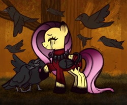 Size: 2048x1687 | Tagged: safe, artist:minadoodles, derpibooru import, fluttershy, bird, crow, crossover, dead by daylight, solo, the artist