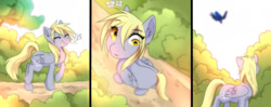 Size: 1280x509 | Tagged: safe, artist:kidaoriginal, derpibooru import, derpy hooves, princess luna, alicorn, pegasus, pony, comic:derpy - the creator of dreams, comic, cute, daaaaaaaaaaaw, derp, eyes closed, flower, flying, grass, happy, looking up, music notes, smiling, tree, walking