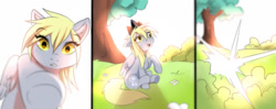 Size: 1280x509 | Tagged: safe, artist:kidaoriginal, derpibooru import, derpy hooves, pegasus, pony, comic:derpy - the creator of dreams, comic, crown, flower, grass, happy, jewelry, looking at something, looking down, magic, open mouth, open smile, reaching, regalia, sitting, smiling, teleportation, tree, underhoof, vibe check