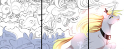 Size: 1280x509 | Tagged: safe, artist:kidaoriginal, derpibooru import, derpy hooves, alicorn, pony, comic:derpy - the creator of dreams, abstract, abstract art, alicornified, clothes, comic, crown, derpicorn, jewelry, lidded eyes, magic, modern art, necklace, open mouth, open smile, race swap, regalia, running, smiling