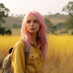 Size: 1024x1024 | Tagged: safe, derpibooru import, generator:midjourney, machine learning generated, fluttershy, human, backpack, field, gazing, high res, humanized, lonely, looking away, photo, prompter:roseabrams, solo