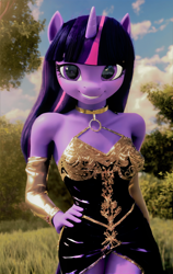 Size: 1344x2128 | Tagged: safe, derpibooru import, machine learning assisted, twilight sparkle, anthro, plantigrade anthro, clothes, collar, detailed background, dress, gilded, gloves, gold, hand on hip, horn, long gloves, smiling, solo, standing, sunlight