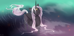 Size: 1280x630 | Tagged: safe, artist:kidaoriginal, derpibooru import, princess luna, alicorn, firefly (insect), insect, pony, alternate design, behaving like a bird, behaving like a duck, cute, female, freckles, lidded eyes, looking at something, looking up, lunabetes, mare, solo, water, wet, wet mane