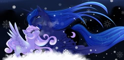 Size: 1280x627 | Tagged: safe, artist:kidaoriginal, derpibooru import, princess luna, oc, oc:snowdrop, alicorn, pegasus, pony, crying, duo, duo female, ethereal mane, eyes closed, eyeshadow, female, lidded eyes, looking at each other, looking at someone, makeup, mare, simple background, smiling, snow, snowflake, spread wings, starry mane, wings