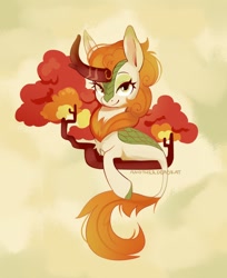 Size: 1046x1280 | Tagged: safe, artist:anotherdeadrat, derpibooru import, autumn blaze, kirin, abstract background, bust, female, looking at you, portrait, smiling, smiling at you, solo, tree