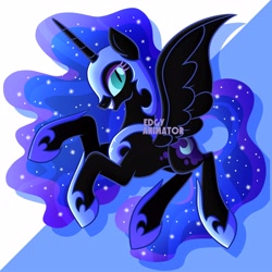 Size: 3000x3000 | Tagged: safe, artist:edgyanimator, derpibooru exclusive, derpibooru import, nightmare moon, alicorn, pony, armor, beautiful, big eyes, big horn, black coat, black fur, black wings, blue background, blue eyes, blue hair, blue mane, blue tail, cel shading, clothes, colored, colored eyelashes, colored lineart, concave belly, cute, cyan eyes, digital art, drop shadow, ethereal hair, ethereal mane, ethereal tail, evil, eyelashes, eyeshadow, female, firealpaca, full body, galaxy hair, galaxy mane, galaxy tail, grin, hair, helmet, high res, highlights, hoof shoes, horn, jewelry, large wings, lineart, long horn, long legs, long mane, long tail, looking sideways, looking to side, looking to the right, makeup, mare, moonabetes, necklace, nightmare moon armor, peytral, princess, princess shoes, quadrupedal, raised hoof, raised hooves, raised leg, regalia, royalty, shading, shadow, shiny, shoes, signature, simple background, simple shading, slim, slit eyes, smiling, smirk, solo, sparkles, spread wings, starry hair, starry mane, starry tail, stars, tail, teeth, thin, wall of tags, wings