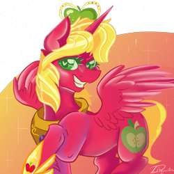 Size: 2000x2000 | Tagged: safe, artist:dankpegasista, derpibooru exclusive, derpibooru import, big macintosh, macareina, alicorn, pony, do princesses dream of magic sheep, alicornified, apple, bangs, big eyes, bipedal, clothes, collar, crown, digital art, ear fluff, ears, eyelashes, eyes closed, female, flowy mane, food, gem, gradient background, green eyes, grin, half body, happy, heart, heart eyes, highlights, jewelry, krita, large wings, looking at you, mare, messy mane, orange background, png, princess, princess big mac, race swap, raised hoof, raised leg, red coat, regalia, rule 63, shading, shiny mane, shoes, short hair, short tail, signature, simple background, smiling, solo, sparkles, spread wings, tail, three quarter view, transparent background, unshorn fetlocks, wingding eyes, wings