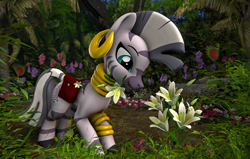 Size: 1920x1219 | Tagged: safe, artist:montaraz13, derpibooru import, zecora, pony, zebra, 3d, ear piercing, earring, female, flower, jewelry, jungle, lily (flower), piercing, plant, solo, source filmmaker