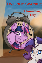 Size: 1700x2530 | Tagged: safe, derpibooru import, rarity, twilight sparkle, twilight sparkle (alicorn), alicorn, pony, unicorn, alarm clock, clock, cutie mark eyes, female, groundhog day, high res, mare, movie poster, poster parody, wingding eyes