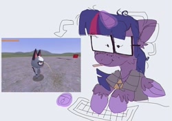 Size: 680x476 | Tagged: safe, artist:woofsth, derpibooru import, twilight sparkle, twilight sparkle (alicorn), alicorn, pony, animal crossing, clothes, computer mouse, glasses, keyboard, raymond (animal crossing), shirt, t-shirt, triforce