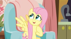 Size: 2160x1200 | Tagged: safe, derpibooru import, screencap, fluttershy, pegasus, pony, discordant harmony, chair, curtains, happy, kitchen, kitchen sink, living room, plant, sink, sitting, solo, spread wings, thinking, thoughtful, wings