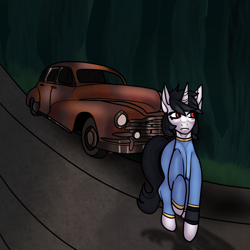 Size: 2048x2048 | Tagged: safe, artist:v-nuz, derpibooru import, oc, oc:rose charm, pony, unicorn, fallout equestria, car, clothes, fallout equestria: falling ashes, highway, jumpsuit, vault suit, vehicle