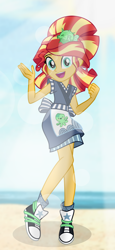 Size: 4944x10776 | Tagged: safe, artist:emeraldblast63, artist:gurihiru, derpibooru import, sunset shimmer, human, eqg summertime shorts, equestria girls, good vibes, absurd resolution, alternate hairstyle, converse, high res, lens flare, looking at you, open mouth, open smile, shoes, smiling, sunset sushi, waving, waving at you