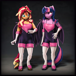 Size: 6400x6400 | Tagged: safe, artist:imafutureguitarhero, derpibooru import, sci-twi, sunset shimmer, twilight sparkle, twilight sparkle (alicorn), alicorn, anthro, bat pony, bat pony alicorn, classical unicorn, unguligrade anthro, unicorn, 3d, alicornified, arm fluff, arm freckles, bat wings, boob freckles, boots, border, bra, bra strap, breasts, cheek fluff, chest fluff, chest freckles, chromatic aberration, cleavage fluff, clothes, cloven hooves, colored eyebrows, colored eyelashes, cosplay, costume, crossover, cute, dialogue in the description, duo, ear fluff, ear freckles, ears, fangs, female, film grain, floppy ears, fluffy, fluffy hair, fluffy mane, fluffy tail, freckles, fur, gloves, grin, hand on hip, horn, leonine tail, lesbian, looking at someone, mare, matching outfits, multicolored hair, multicolored mane, multicolored tail, neck fluff, nose wrinkle, one ear down, open mouth, outfit, paintover, peppered bacon, race swap, revamped anthros, revamped ponies, rouge the bat, scitwilicorn, scitwishimmer, shadow, shimmerbetes, shipping, shoes, shoulder fluff, shoulder freckles, signature, smiling, sonic the hedgehog (series), source filmmaker, square, stockings, sunsetsparkle, tail, tail fluff, thigh highs, twiabetes, underwear, unshorn fetlocks, varying degrees of amusement, wall of tags, wings