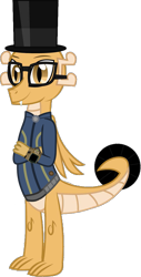 Size: 637x1257 | Tagged: safe, artist:ponygamer2020, derpibooru exclusive, derpibooru import, oc, oc only, oc:myoozik the dragon, dragon, fallout equestria, brown eyes, claws, clothes, crossed arms, dragon oc, dragon wings, fallout, glasses, hat, horn, jumpsuit, male, non-pony oc, pipboy, shirt, simple background, smiling, solo, tail, top hat, transparent background, vault suit, vector, wings