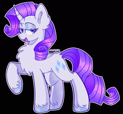 Size: 2160x2000 | Tagged: safe, artist:mxmx fw, derpibooru import, rarity, pony, unicorn, black background, chest fluff, ear fluff, ears, eyelashes, makeup, raised hoof, raised leg, simple background, solo, unshorn fetlocks