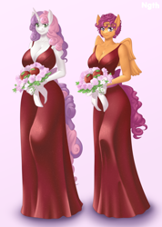 Size: 912x1280 | Tagged: safe, artist:ngth, derpibooru import, scootaloo, sweetie belle, anthro, pegasus, unicorn, absolute cleavage, apple, bare shoulders, big breasts, boobaloo, bouquet, breasts, bridesmaid, bridesmaid dress, cleavage, clothes, curly hair, dress, duo, duo female, ears, feathered wings, female, flower, food, green eyes, horn, long horn, long skirt, looking at you, nostrils, older, older scootaloo, older sweetie belle, pegasus wings, purple eyes, skirt, smiling, snout, sweetie boobs, tail, two toned hair, two toned tail, unicorn horn, wings