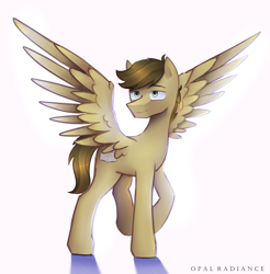 Size: 2800x2840 | Tagged: safe, artist:opal_radiance, derpibooru import, oc, oc only, pegasus, pony, eyebrows, high res, male, pegasus oc, raised hoof, raised leg, shadow, signature, simple background, smiling, solo, spread wings, stallion, unnamed oc, white background, wings