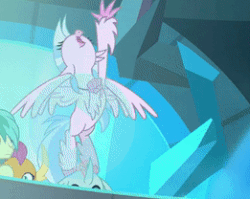 Size: 261x208 | Tagged: safe, derpibooru import, screencap, gallus, ocellus, sandbar, silverstream, smolder, changedling, changeling, classical hippogriff, dragon, earth pony, griffon, hippogriff, school raze, season 8, spoiler:s08, animated, cropped, cute, diastreamies, dragoness, female, flying, gif, looking down, peeking, pointing, raised claw, student six