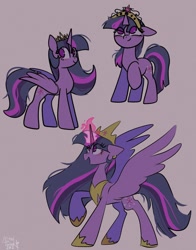 Size: 1074x1368 | Tagged: safe, artist:petaltwinkle, derpibooru import, princess twilight 2.0, twilight sparkle, twilight sparkle (alicorn), unicorn twilight, alicorn, pony, unicorn, the last problem, age progression, big crown thingy, element of magic, eye clipping through hair, female, glowing, glowing horn, gray background, horn, jewelry, looking up, mare, new crown, no pupils, older, older twilight, open mouth, open smile, progression, regalia, simple background, smiling, solo, spread wings, wings