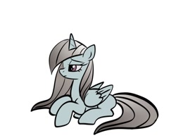 Size: 1024x804 | Tagged: safe, artist:petaltwinkle, derpibooru import, oc, oc only, alicorn, crystal pony, pony, alicorn oc, crystal pony oc, female, horn, lying down, mare, prone, sad, simple background, solo, white background, wings