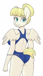 Size: 1284x2278 | Tagged: safe, artist:handgunboi, derpibooru import, summer breeze, anthro, pegasus, blue swimsuit, breasts, busty summer breeze, butt, clothes, commission, female, friendship student, head turn, looking at you, looking back, looking back at you, looking over shoulder, mare, plot, rear view, simple background, solo, swimsuit, white background