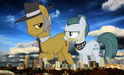 Size: 2048x1233 | Tagged: safe, artist:timelordomega, derpibooru import, edit, editor:jaredking779, cloudy quartz, igneous rock pie, earth pony, pony, atlanta, female, georgia (state), giant pony, giant/macro earth pony, giantess, glasses, hat, highrise ponies, irl, macro, male, mare, mega giant, photo, ponies in real life, stallion, story included