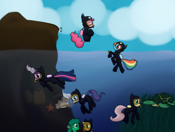 Size: 6400x4800 | Tagged: dead source, safe, artist:larrle, derpibooru import, applejack, fluttershy, pinkie pie, rainbow dash, rarity, twilight sparkle, unicorn twilight, pony, unicorn, air tank, cute, dive mask, diving, equestria daily, exploring, goggles, high res, scuba diving, scuba gear, seaweed, swimming, underwater, water, wetsuit