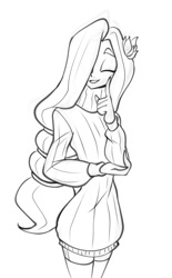 Size: 504x815 | Tagged: safe, artist:bigdad, derpibooru import, fluttershy, human, clothes, eyes closed, female, flower, flower in hair, hair over one eye, humanized, looking at you, monochrome, simple background, smiling, smiling at you, socks, solo, stockings, sweater, sweatershy, thigh highs, white background