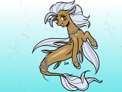 Size: 1600x1200 | Tagged: safe, artist:curryrice, derpibooru import, oc, oc only, seapony (g4), bubble, dorsal fin, ear piercing, earring, fin, fish tail, gradient background, jewelry, looking at you, ocean, piercing, solo, swimming, tail, tail jewelry, underwater, water