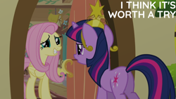 Size: 1920x1080 | Tagged: safe, derpibooru import, edit, edited screencap, editor:quoterific, screencap, fluttershy, twilight sparkle, unicorn twilight, pegasus, pony, unicorn, keep calm and flutter on, big crown thingy, butt, element of magic, fluttershy's cottage, jewelry, plot, regalia