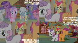 Size: 2000x1125 | Tagged: safe, derpibooru import, edit, edited screencap, editor:quoterific, screencap, amethyst star, apple bloom, diamond tiara, orange blossom, prim posy, ruby pinch, scootaloo, silver spoon, sparkler, sweetie belle, tornado bolt, call of the cutie, blank flank, confetti, cutie mark crusaders, sugarcube corner