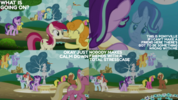Size: 2000x1125 | Tagged: safe, derpibooru import, edit, edited screencap, editor:quoterific, screencap, caramel, carrot top, cherry berry, cloud kicker, cloudchaser, golden harvest, lemon hearts, lily, lily valley, meadow song, minty hearts, rainbow stars, roseluck, sassaflash, starlight glimmer, warm front, no second prances, fountain, reflection, water