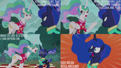 Size: 2000x1125 | Tagged: safe, derpibooru import, edit, edited screencap, editor:quoterific, screencap, princess celestia, princess luna, alicorn, between dark and dawn, angry, argument, basket, clothes, duo, duo female, female, forest, hair bun, hawaiian shirt, mare, picnic basket, picnic blanket, ponytail, royal sisters, shirt, siblings, sin of pride, sisters, the truth hurts, yelling