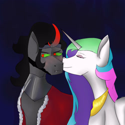 Size: 3000x3000 | Tagged: safe, artist:sh4deshad0w41, derpibooru import, king sombra, princess celestia, alicorn, unicorn, blushing, celestibra, curved horn, duo, duo male and female, eyes closed, female, horn, jewelry, kiss on the cheek, kissing, male, red eyes, regalia, ship, shipping, simple background, smiling, straight