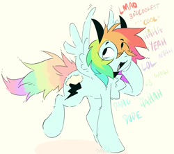 Size: 1867x1660 | Tagged: safe, artist:torridline, derpibooru import, rainbow dash, pegasus, pony, fluffy, fluffy mane, fluffy tail, happy, pastel, smiling, solo, strange, tail, talking, text