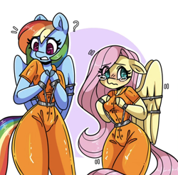 Size: 1080x1067 | Tagged: safe, artist:dub_doodles, derpibooru import, fluttershy, rainbow dash, anthro, unguligrade anthro, arm hooves, belt, bound wings, clothes, cuffs, duo, never doubt rainbowdash69's involvement, prison outfit, prisoner, prisoner ft, prisoner rd, simple background, teary eyes, white background, wing cuffs, wings