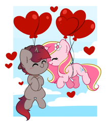 Size: 3426x4016 | Tagged: safe, artist:kittyrosie, derpibooru import, oc, oc only, oc:rosa flame, pony, unicorn, balloon, eyes closed, female, heart, heart balloon, male, oc x oc, shipping