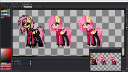 Size: 1920x1080 | Tagged: safe, artist:menalia, derpibooru import, fluttershy, pegasus, pony, aseprite, clothes, female, fingerless gloves, gloves, hoodie, looking at something, mare, pants, pixel art, shirt, shoes, sneakers, t-shirt, wings, wip